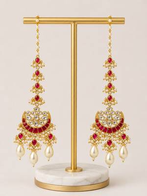 Traditional gold plated kundan & ruby stone long chandbali earrings with pearl drops for women 2