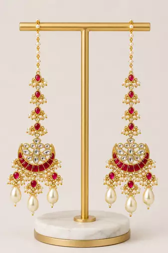 Traditional gold plated kundan & ruby stone long chandbali earrings with pearl drops for women