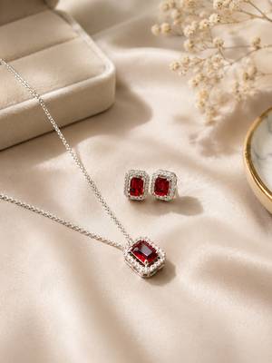 Elegant emerald red crystal pendant necklace & stud earrings set | rhodium plated american diamond jewelry set for women 1