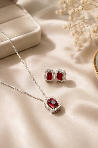 Elegant emerald red crystal pendant necklace & stud earrings set | rhodium plated american diamond jewelry set for women