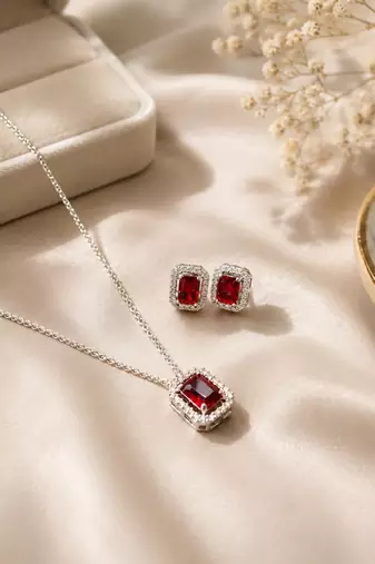Elegant emerald red crystal pendant necklace & stud earrings set | rhodium plated american diamond jewelry set for women