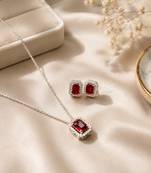 Elegant emerald red crystal pendant necklace & stud earrings set | rhodium plated american diamond jewelry set for women