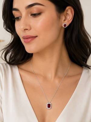 Elegant emerald red crystal pendant necklace & stud earrings set | rhodium plated american diamond jewelry set for women 2
