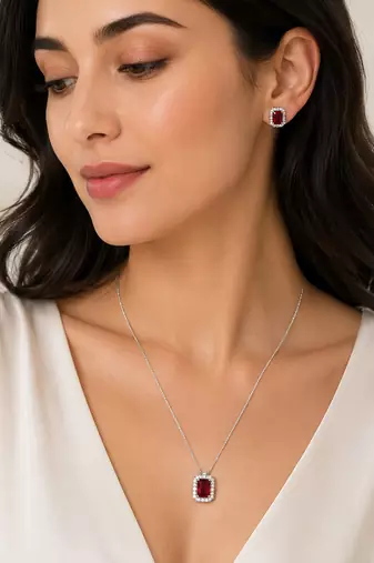 Elegant emerald red crystal pendant necklace & stud earrings set | rhodium plated american diamond jewelry set for women