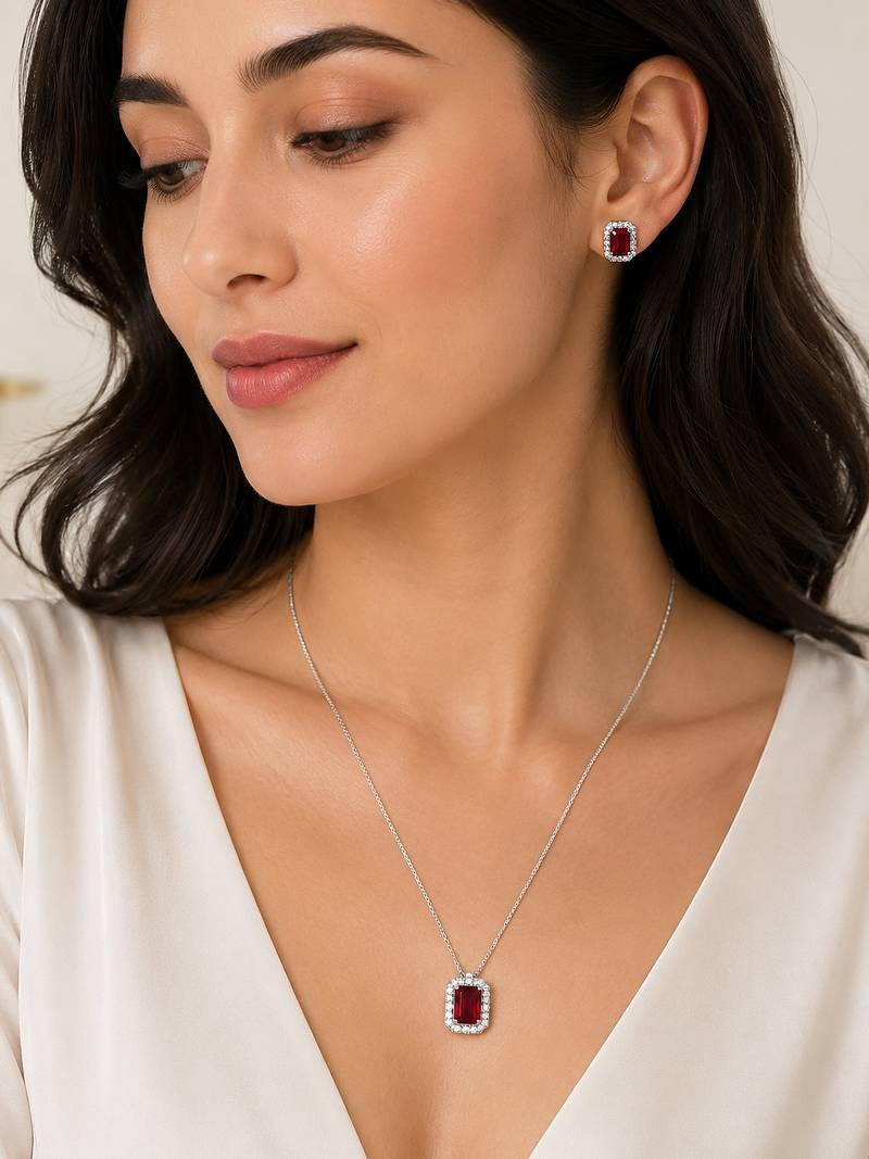 Elegant emerald red crystal pendant necklace & stud earrings set | rhodium plated american diamond jewelry set for women