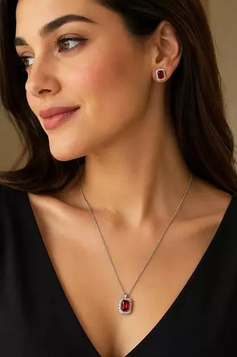 Elegant emerald red crystal pendant necklace & stud earrings set | rhodium plated american diamond jewelry set for women
