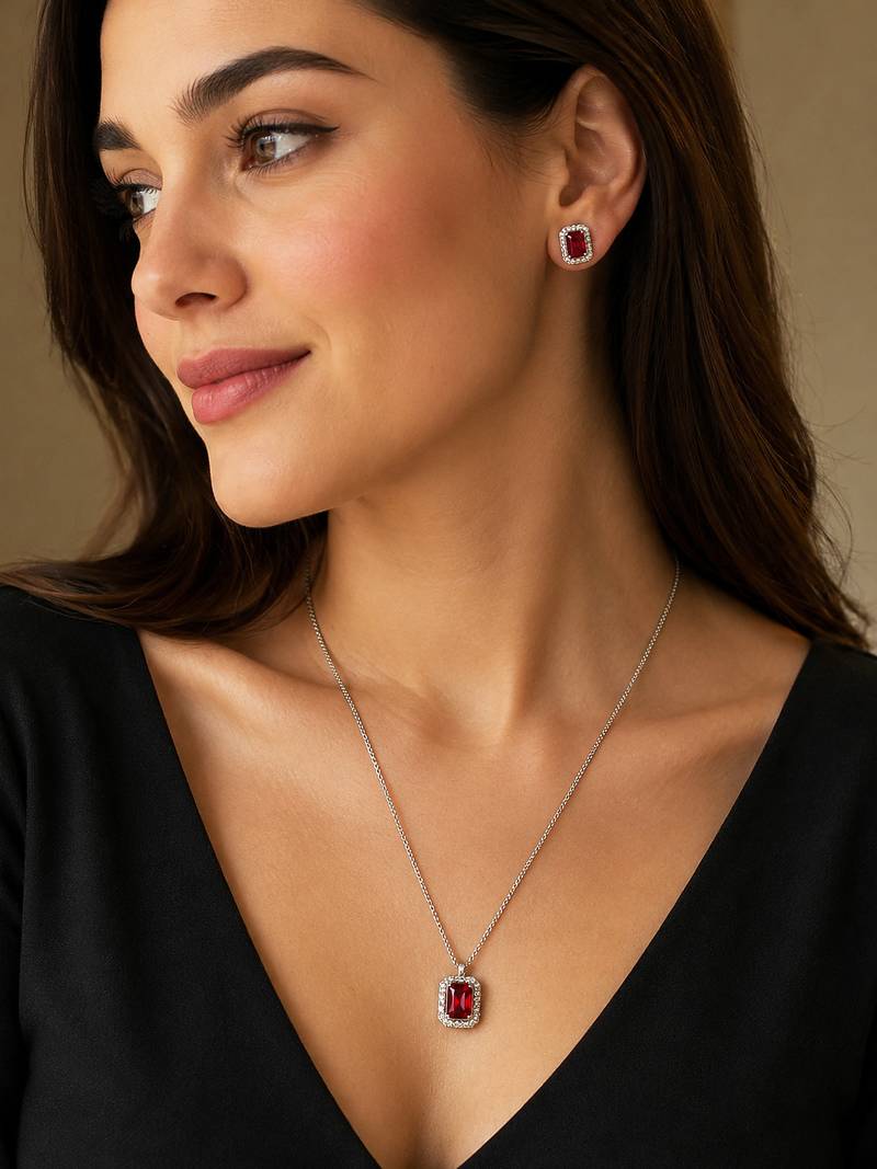 Elegant emerald red crystal pendant necklace & stud earrings set | rhodium plated american diamond jewelry set for women