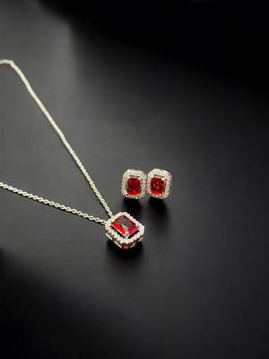 Elegant emerald red crystal pendant necklace & stud earrings set | rhodium plated american diamond jewelry set for women 4