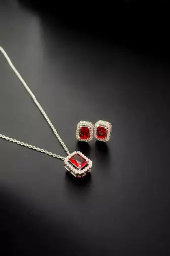Elegant emerald red crystal pendant necklace & stud earrings set | rhodium plated american diamond jewelry set for women
