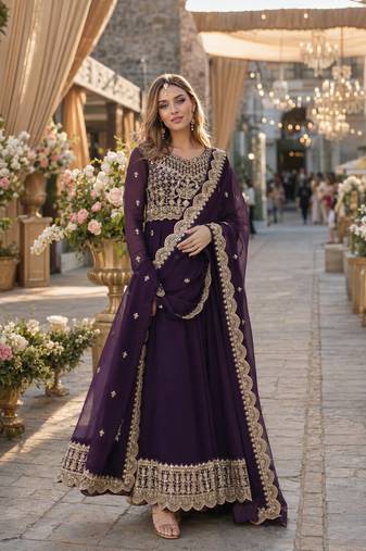 purple faux georgette readymade anarkali suit with embroidery & zari work