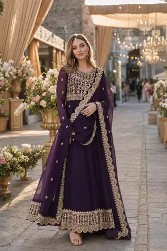 purple faux georgette readymade anarkali suit with embroidery & zari work