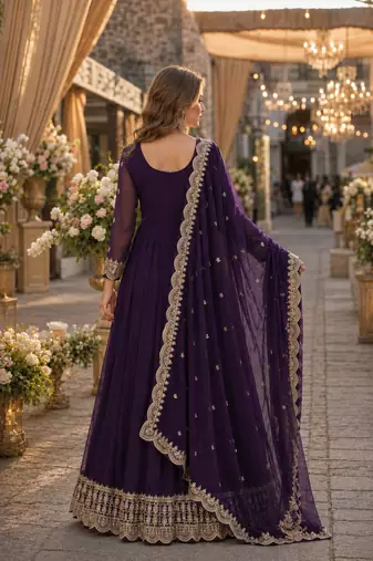 purple faux georgette readymade anarkali suit with embroidery & zari work
