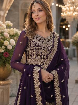 purple faux georgette readymade anarkali suit with embroidery & zari work 3
