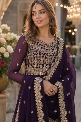 purple faux georgette readymade anarkali suit with embroidery & zari work
