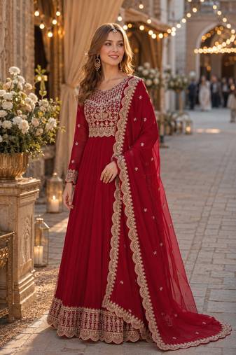 red faux georgette readymade anarkali suit with embroidery & zari work