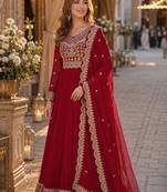 red faux georgette readymade anarkali suit with embroidery & zari work