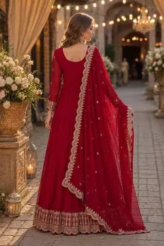 red faux georgette readymade anarkali suit with embroidery & zari work