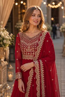 red faux georgette readymade anarkali suit with embroidery & zari work 3