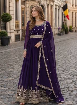 purple faux georgette readymade anarkali suit with embroidery & zari work 1