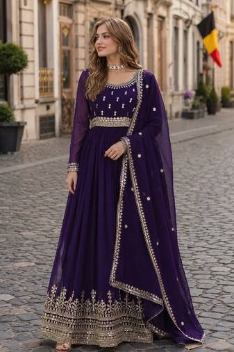 purple faux georgette readymade anarkali suit with embroidery & zari work