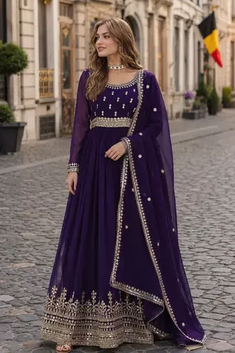 purple faux georgette readymade anarkali suit with embroidery & zari work