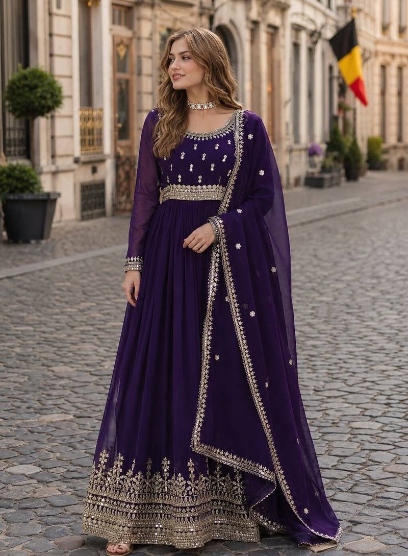 purple faux georgette readymade anarkali suit with embroidery & zari work