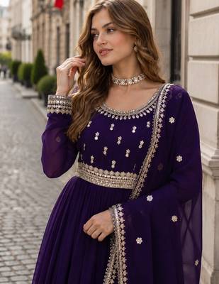 purple faux georgette readymade anarkali suit with embroidery & zari work 2
