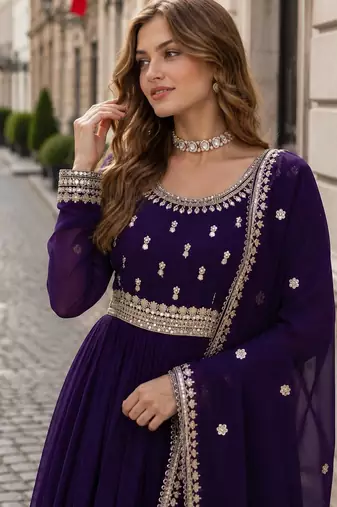 purple faux georgette readymade anarkali suit with embroidery & zari work