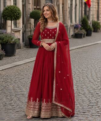 red faux georgette readymade anarkali suit with embroidery & zari work 1