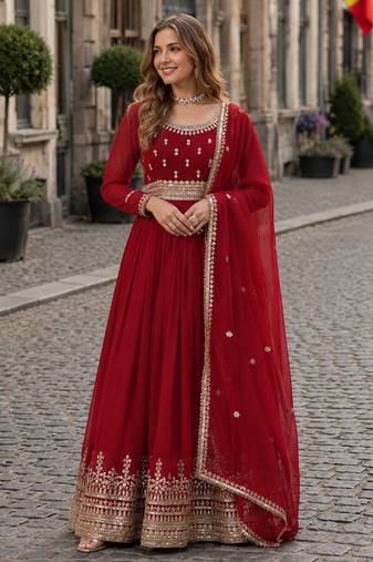 red faux georgette readymade anarkali suit with embroidery & zari work