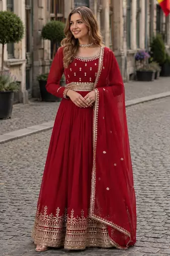 red faux georgette readymade anarkali suit with embroidery & zari work
