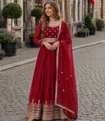 red faux georgette readymade anarkali suit with embroidery & zari work