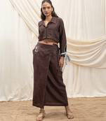 Brown embroidered linen wrap skirt