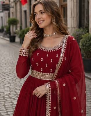 red faux georgette readymade anarkali suit with embroidery & zari work 2