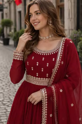 red faux georgette readymade anarkali suit with embroidery & zari work