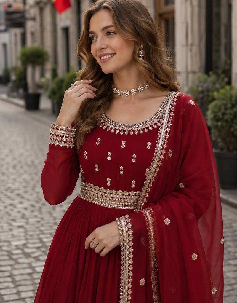 red faux georgette readymade anarkali suit with embroidery & zari work