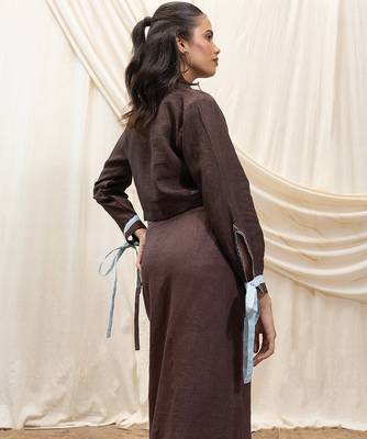 Brown embroidered linen wrap skirt 2