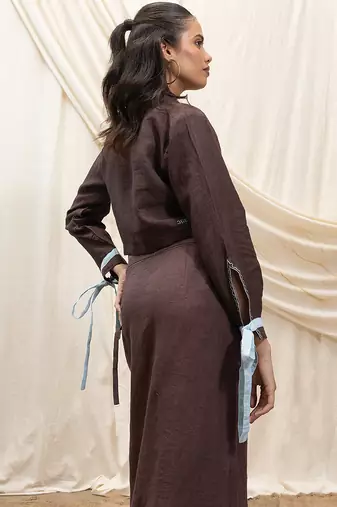 Brown embroidered linen wrap skirt