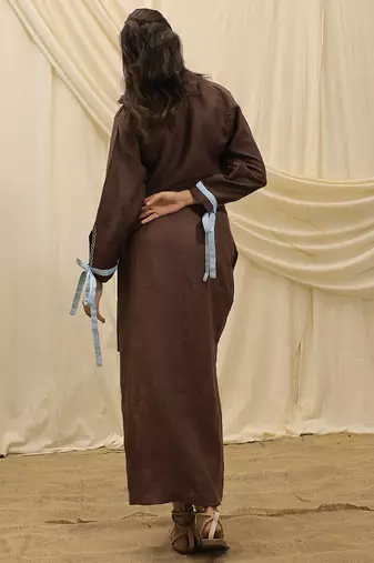 Brown embroidered linen wrap skirt