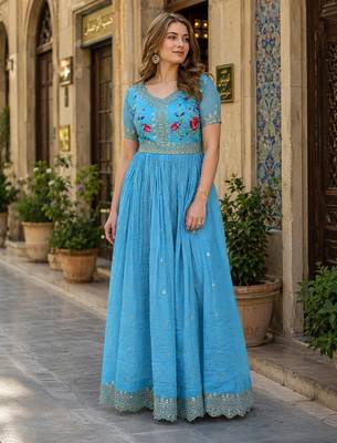 blue silk blend readymade anarkali suit with embroidery & zari Sequin work 1