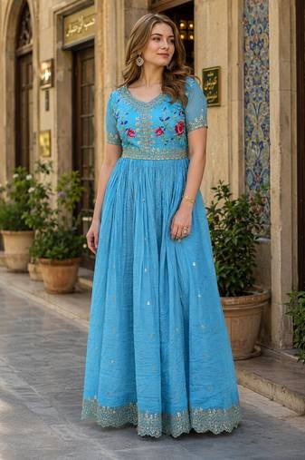 blue silk blend readymade anarkali suit with embroidery & zari Sequin work