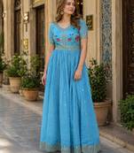 blue silk blend readymade anarkali suit with embroidery & zari Sequin work
