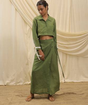 Olive green embroidered linen wrap skirt 1