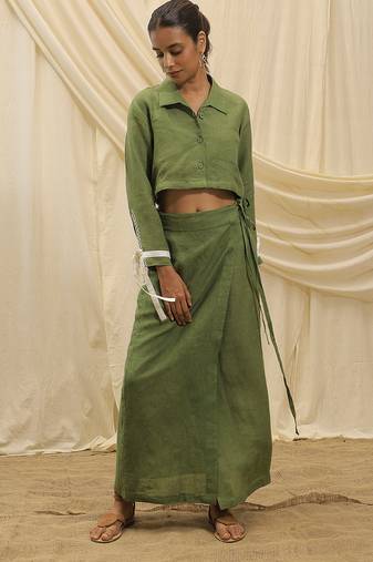 Olive green embroidered linen wrap skirt