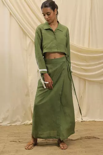 Olive green embroidered linen wrap skirt