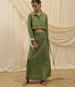 Olive green embroidered linen wrap skirt