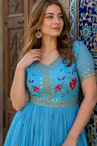 blue silk blend readymade anarkali suit with embroidery & zari Sequin work
