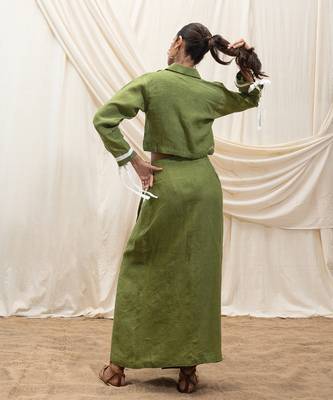 Olive green embroidered linen wrap skirt 3