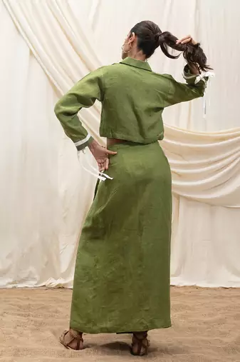 Olive green embroidered linen wrap skirt
