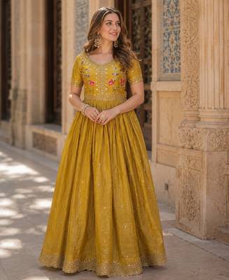mustard silk blend readymade anarkali suit with embroidery & zari Sequin work 1
